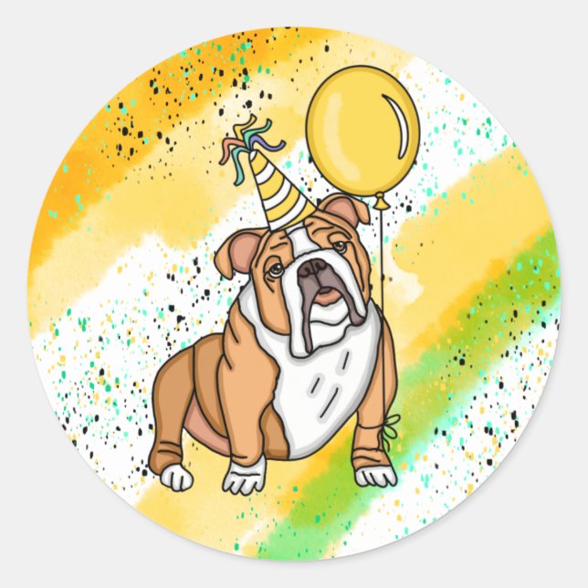 Cute Bulldog Birthday Runt Klistermärke (Framsida)