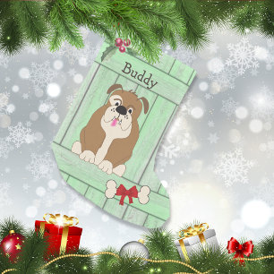 Cute Bulldog Grönt Hund Wooden Fence Monogram Liten Julstrumpa