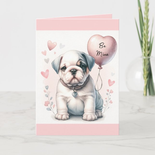 Cute Bulldog Puppy Bli Mine Rosa Valentine Day Kort (Framsida)