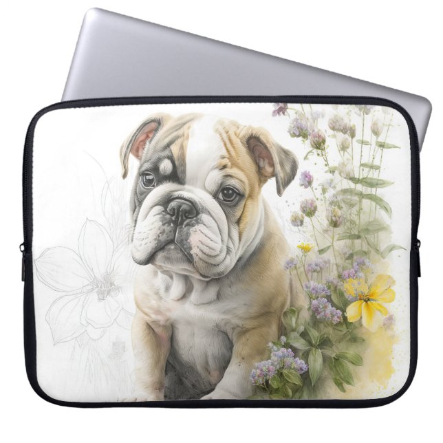 CUTE BULLDOG PUPPY HUND- OCH WILDFLOWERS LAPTOP FODRAL (Framsidan)