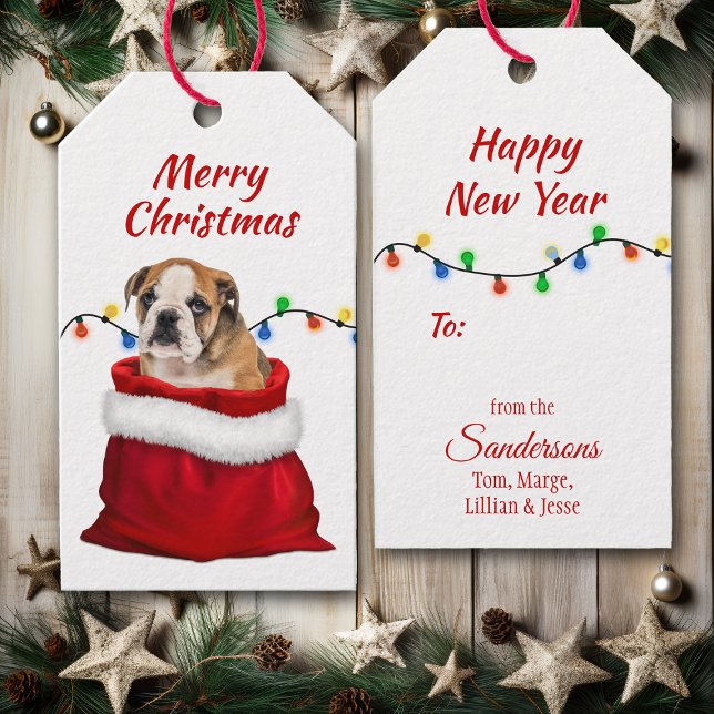 Cute Bulldog Puppy i Santa Bag Presentetikett (Skapare uppladdad)