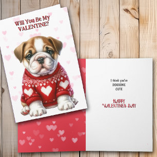 Cute Bulldog Puppy i Sweater Valentine Helgkort