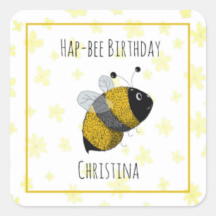 Cute Bumblebee Gult och Black   HapBee Birthday Fyrkantigt Klistermärke