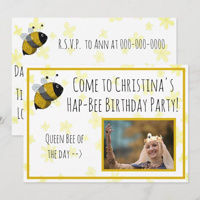 Cute Bumblebee Gult och Black | HapBee Birthday Inbjudningar (Fram/baksida)