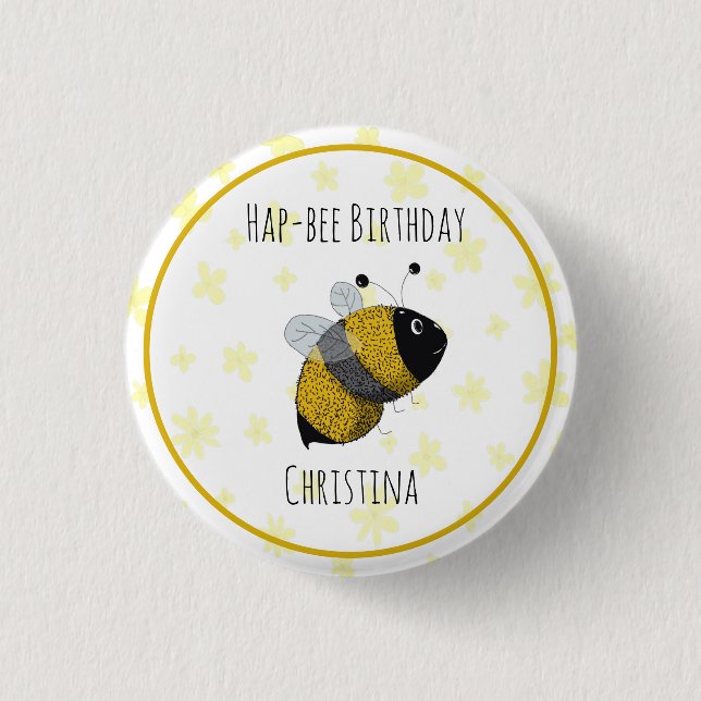 Cute Bumblebee Gult och Black | HapBee Birthday Knapp (Framsida)