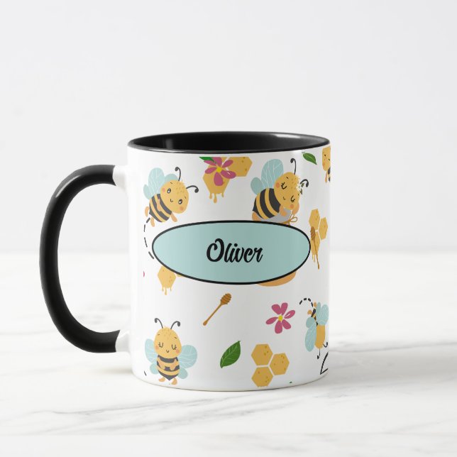 Cute Bumblebee och honung mönster med namn Mugg (Vänster)