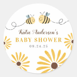 Cute Bumblebee och Sunblommor Baby Shower Runt Klistermärke