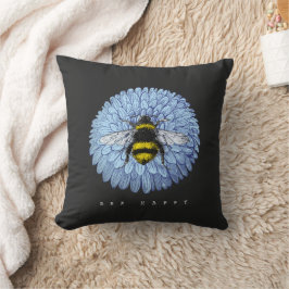 Cute Bumblebee på Blue Flower Nature Black Kudde