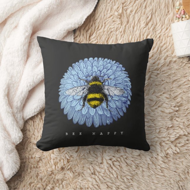 Cute Bumblebee på Blue Flower Nature Black Kudde (Filt)