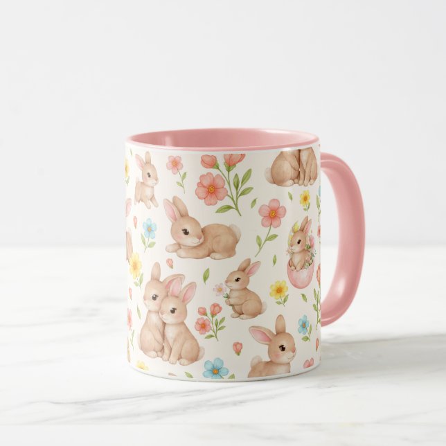 Cute Bunnies and Flowers Pattern Mugg (Framsida höger)