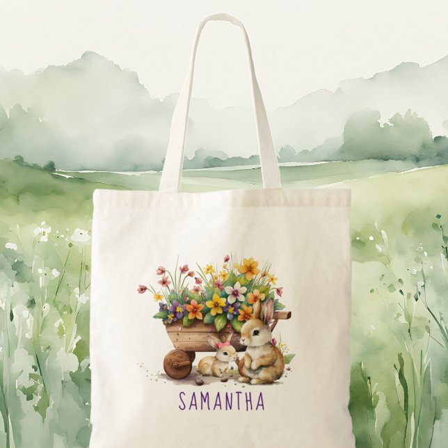 Cute Bunnies Custom Name Girl Påsk Tygkasse (Cute Bunnies Custom Name Girl Easter Tote Bag)