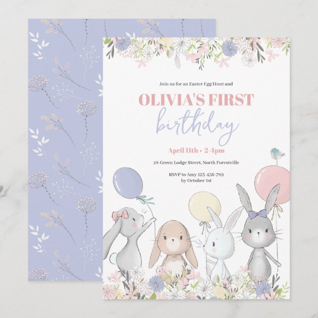 Cute Bunnies födelsedagsinbjudan Inbjudningar (Fram/baksida)