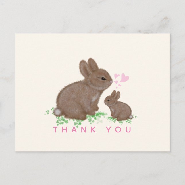 Cute Bunnies Hearts Girl Baby Shower Tack Vykort (Framsida)
