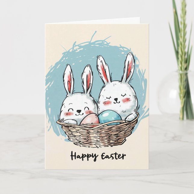 Cute Bunnies i ett Påsk-kort i Basket Kort (Framsida)
