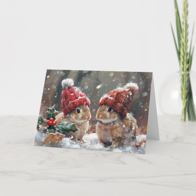 Cute Bunnies i Helgdag för julkort i Snö Meddelande (Framsida)