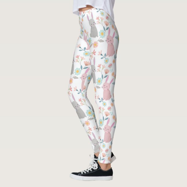 Cute Bunnies in Flowers Garden Mönster Leggings (Vänster)