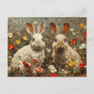 Cute bunnies in Wildblomma fält-målning Vykort