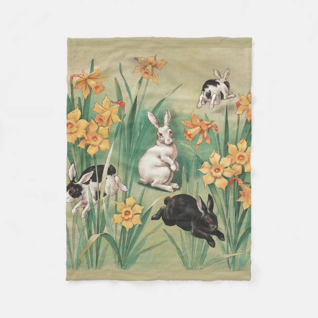 Cute Bunnies med Daffodil Flowers Antique Påsk Fleecefilt (Framsidan)
