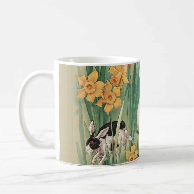 Cute Bunnies med Daffodil Flowers Antique Påsk Kaffemugg (Vänster)