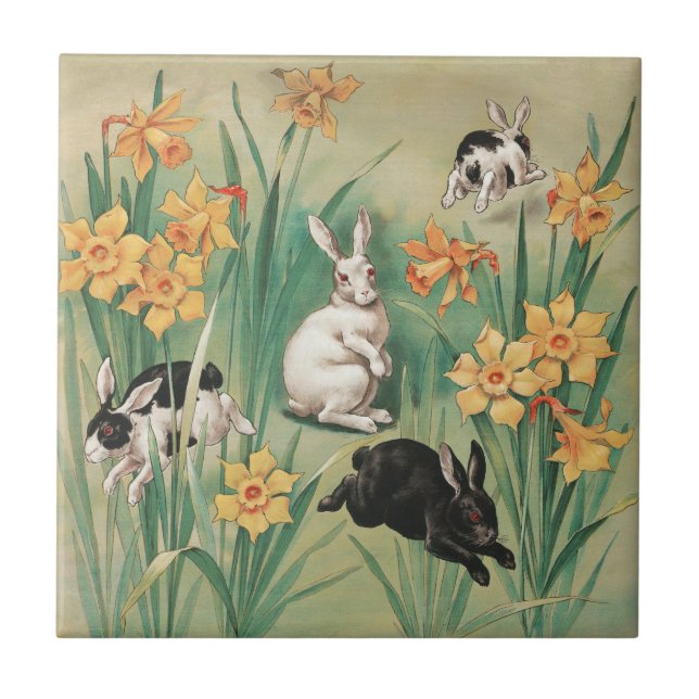 Cute Bunnies med Daffodil Flowers Antique Påsk Kakelplatta (Framsidan)