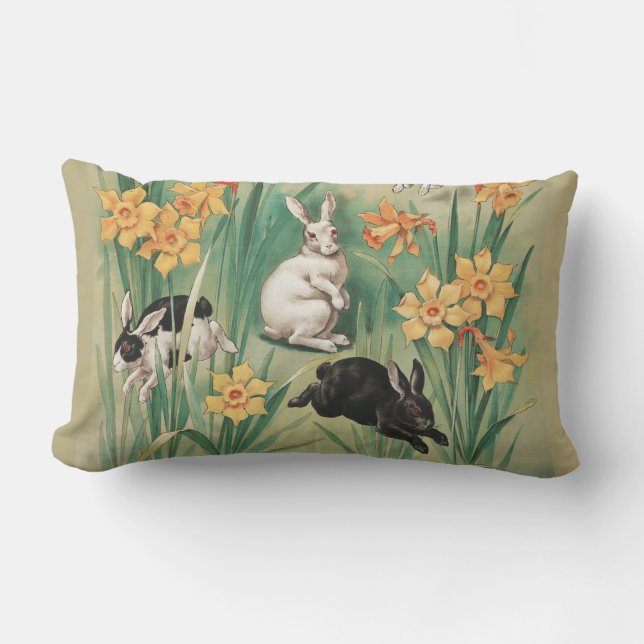 Cute Bunnies med Daffodil Flowers Antique Påsk Lumbarkudde (Framsida)