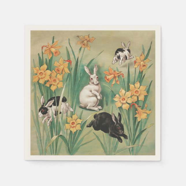 Cute Bunnies med Daffodil Flowers Antique Påsk Pappersservett (Framsidan)