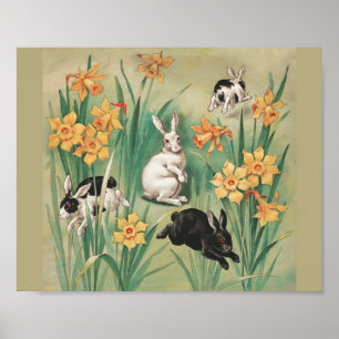 Cute Bunnies med Daffodil Flowers Antique Påsk Poster