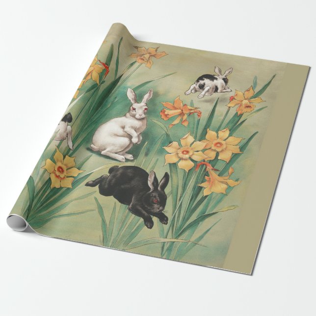 Cute Bunnies med Daffodil Flowers Antique Påsk Presentpapper (Utrullad)