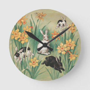 Cute Bunnies med Daffodil Flowers Antique Påsk Rund Klocka