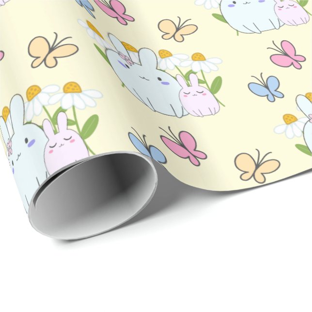 Cute Bunnies med Daisy och Butterflies Mönster Presentpapper (Rullad Hörn)