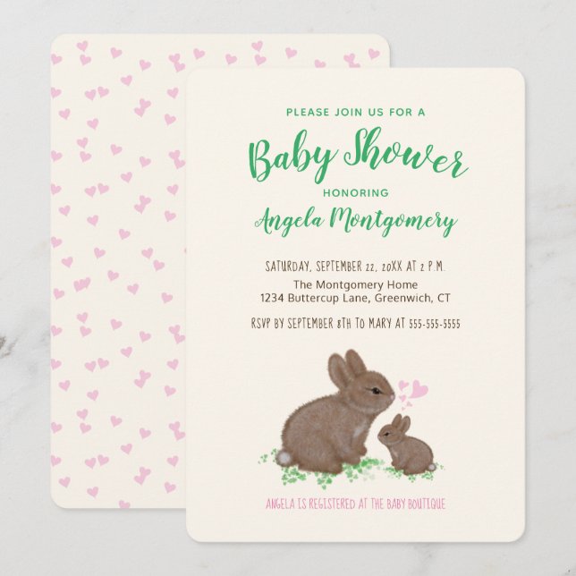Cute Bunnies med Hearts Baby Shower Inbjudningar (Fram/baksida)