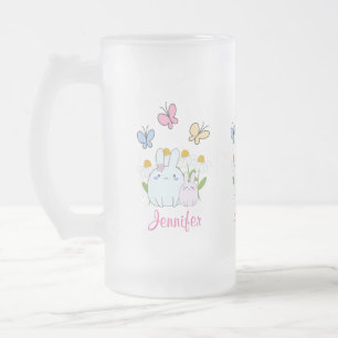 Cute Bunnies med Vår Daisy och fjärilar Frostat Ölglas