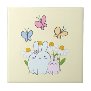 Cute Bunnies med Vår Daisy och fjärilar Kakelplatta
