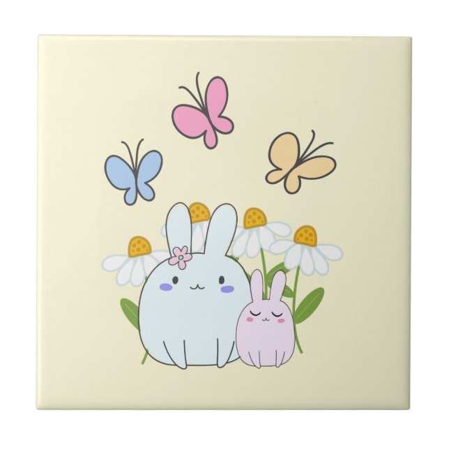 Cute Bunnies med Vår Daisy och fjärilar Kakelplatta (Framsidan)