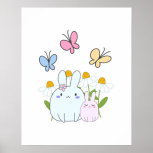 Cute Bunnies med Vår Daisy och fjärilar Poster
