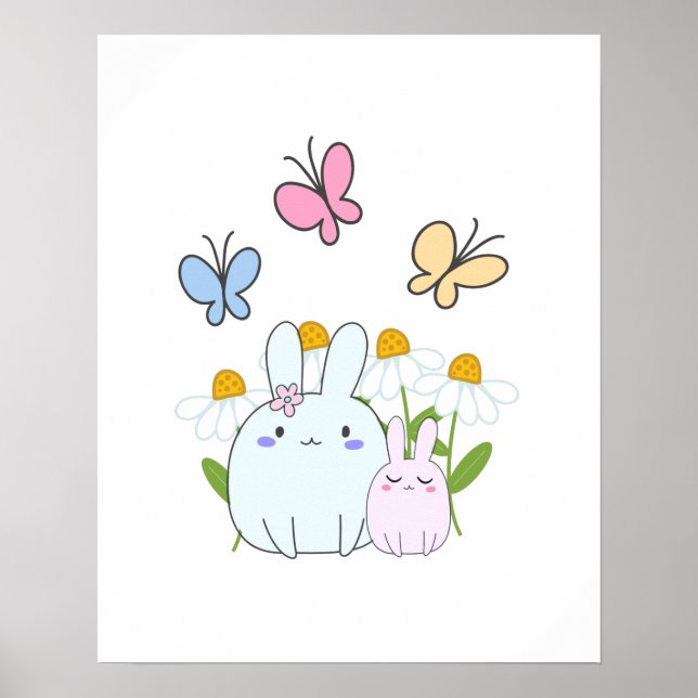 Cute Bunnies med Vår Daisy och fjärilar Poster (Framsidan)