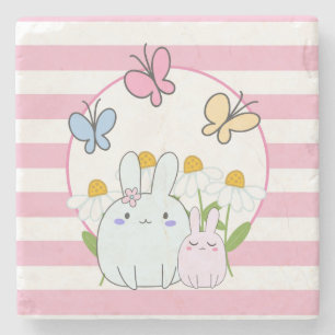 Cute Bunnies med Vår Daisy och fjärilar Stenunderlägg