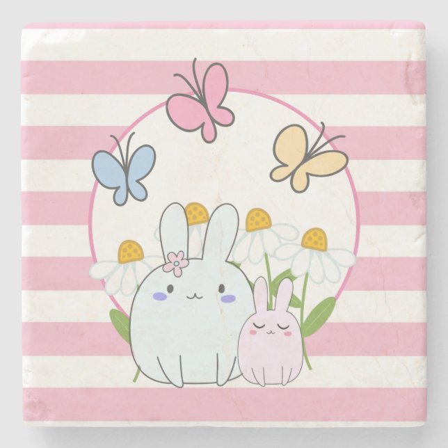 Cute Bunnies med Vår Daisy och fjärilar Stenunderlägg (Framsidan)
