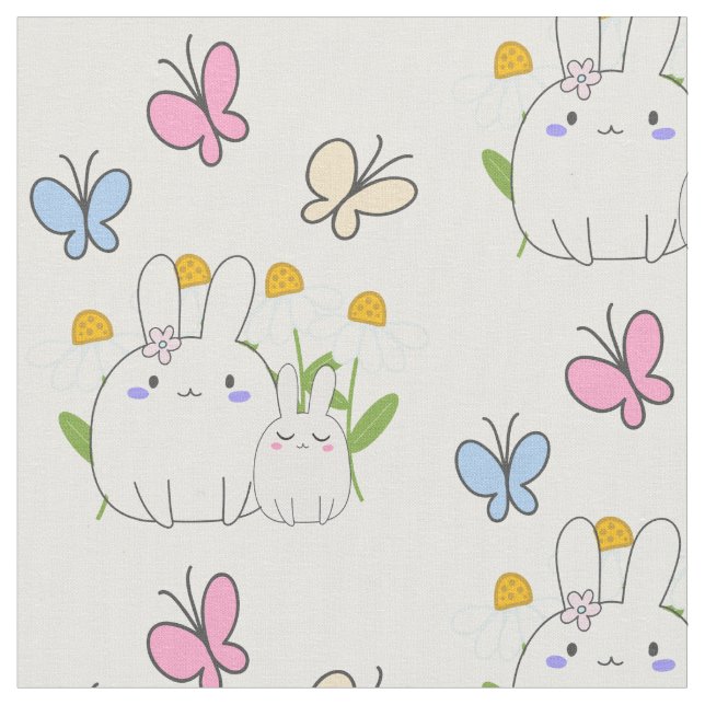 Cute Bunnies med Vår Daisy och fjärilar Tyg (Närbild)
