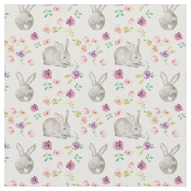  Cute Bunnies och Flowers.Vit. Tyg (Närbild)