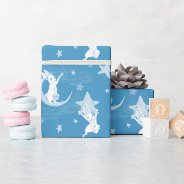 Cute Bunnies och Stars på Blue Presentpapper (Baby Shower)