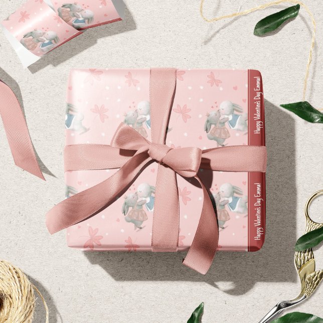 Cute Bunnies på Rosa Valentindagen Mönster Presentpapper (Skapare uppladdad)