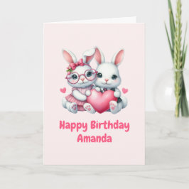 Cute Bunnies Sharing a Heart Birthday Kort