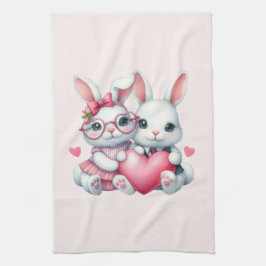 Cute Bunnies Sharing a Heart Kökshandduk