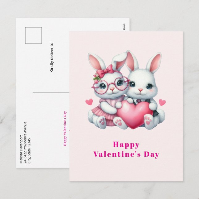 Cute Bunnies Sharing a Heart Valentine's Day Helg Vykort (Fram/baksida)