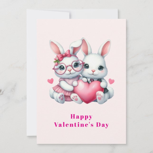 Cute Bunnies Sharing a Heart Valentine's Julkort (Framsida)