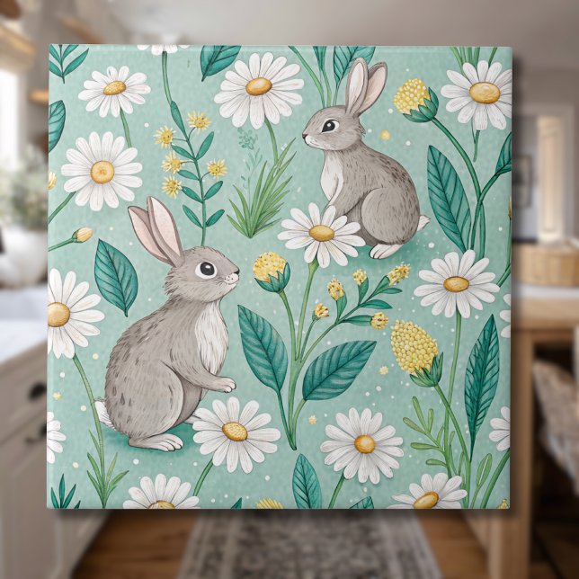 Cute Bunnies Sitting Among White Daisies Kakelplatta (Skapare uppladdad)