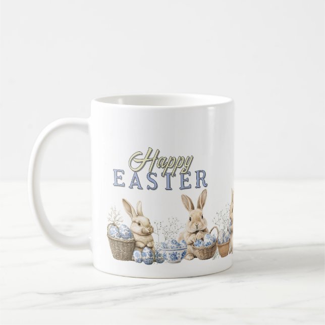 Cute Bunnies & Toile Blue-Påskägg Kaffemugg (Vänster)