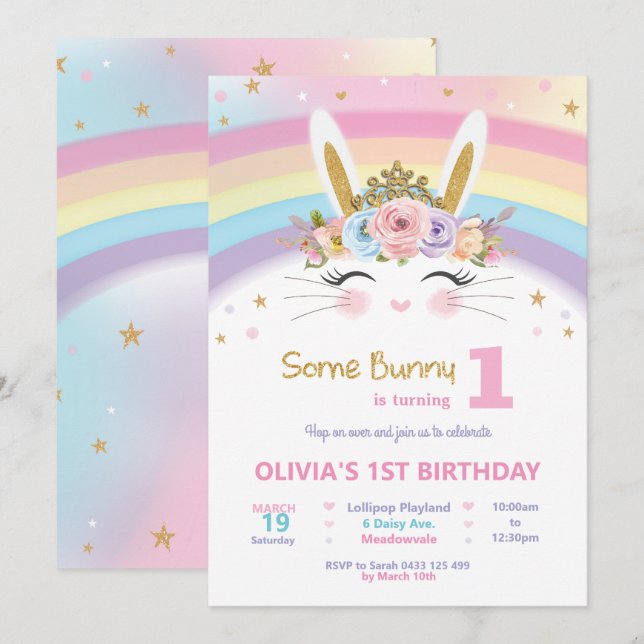Cute Bunny 1:a födelsedag Girls Rainbow Rabbit Inbjudningar (Fram/baksida)