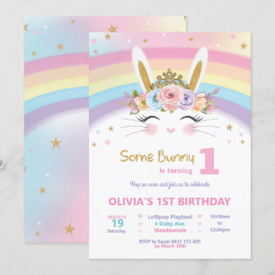 Cute Bunny 1:a födelsedag Girls Rainbow Rabbit Inbjudningar
